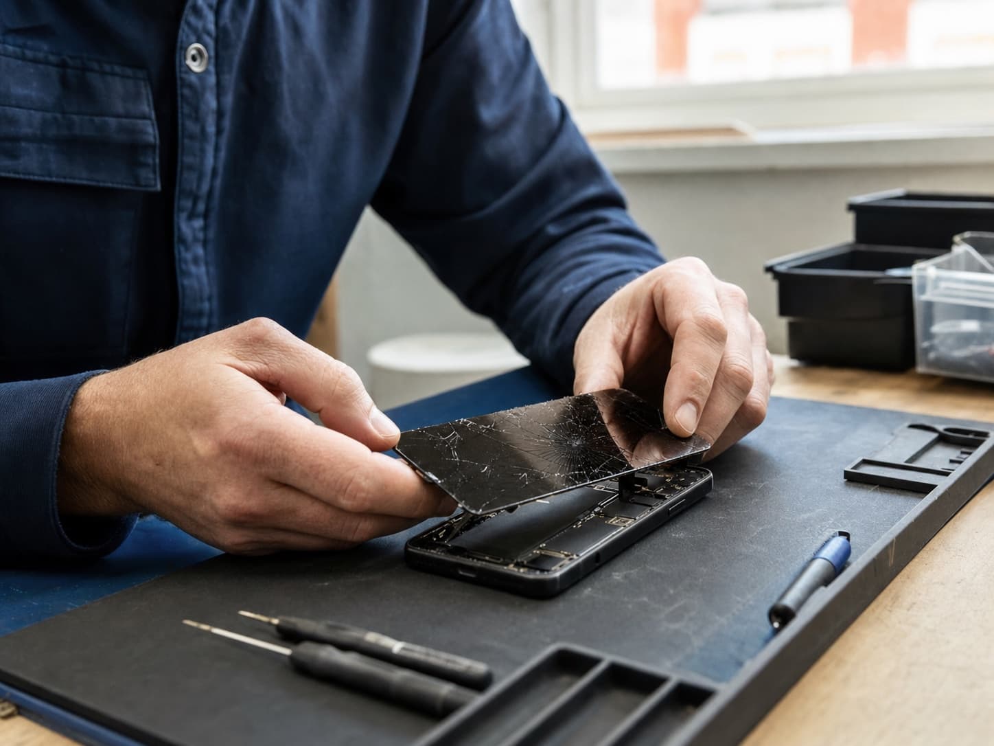 Een gebarsten smartphonescherm wordt zorgvuldig losgemaakt op een reparatiewerkbank