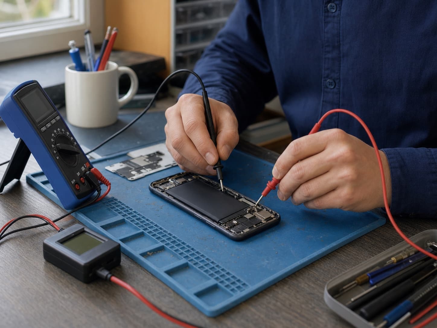 Batterijdiagnose van een smartphone in de werkplaats
